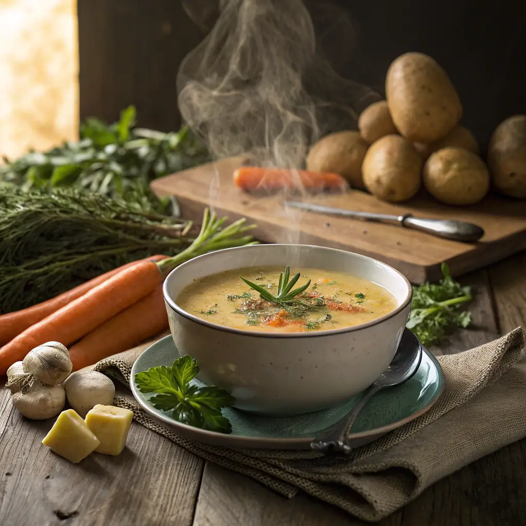 A close-up shot of a steaming bowl of traditional Lavash soup, garnished with fresh herbs and a dollop of sour cream.