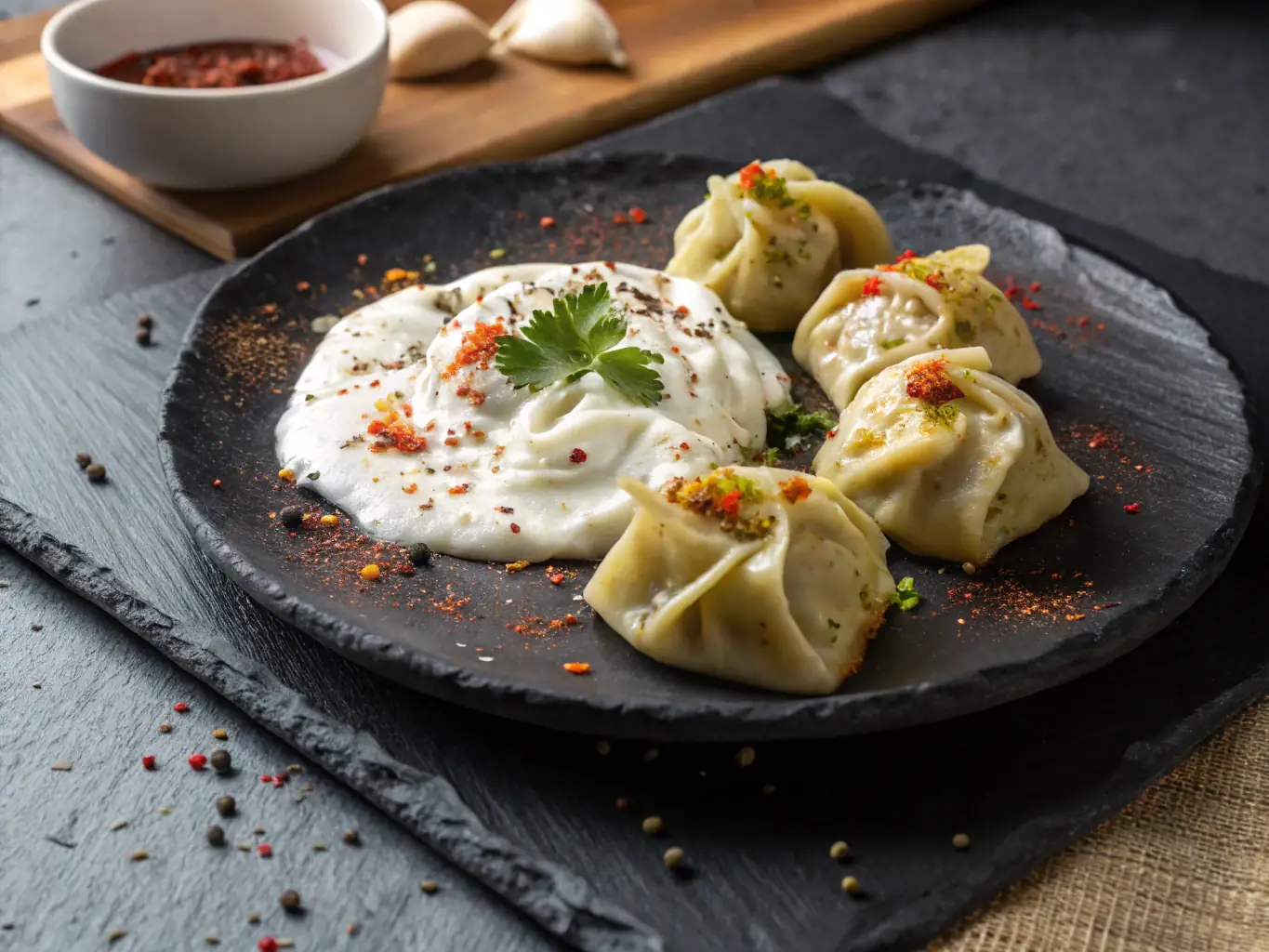 A close-up shot of a steaming plate of Manti, showcasing the delicate dumplings filled with seasoned meat and topped with yogurt and garlic sauce, emphasizing the restaurant's commitment to traditional dishes.