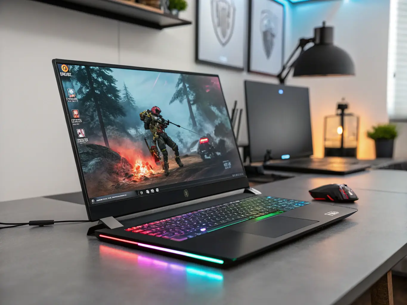A high-performance Asus ROG Zephyrus G14 gaming laptop with RGB keyboard lighting, displaying a fast-paced action game on its screen, set against a dark, immersive gaming environment.