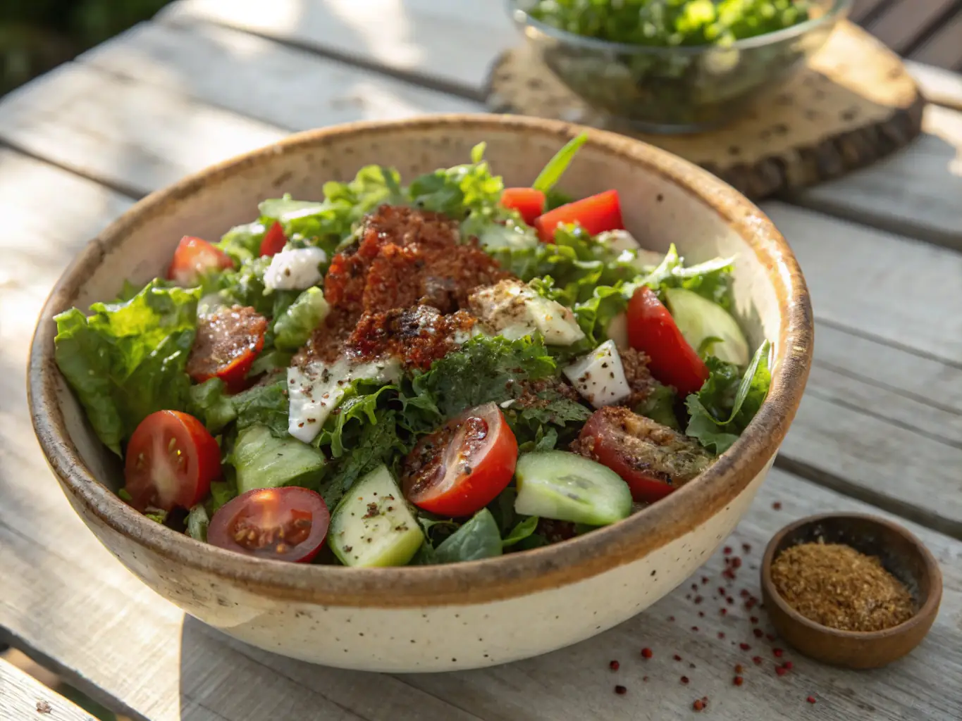 A vibrant image of a colorful Middle Eastern salad, featuring fresh herbs, vegetables, and a tangy dressing, presented in a traditional ceramic bowl.