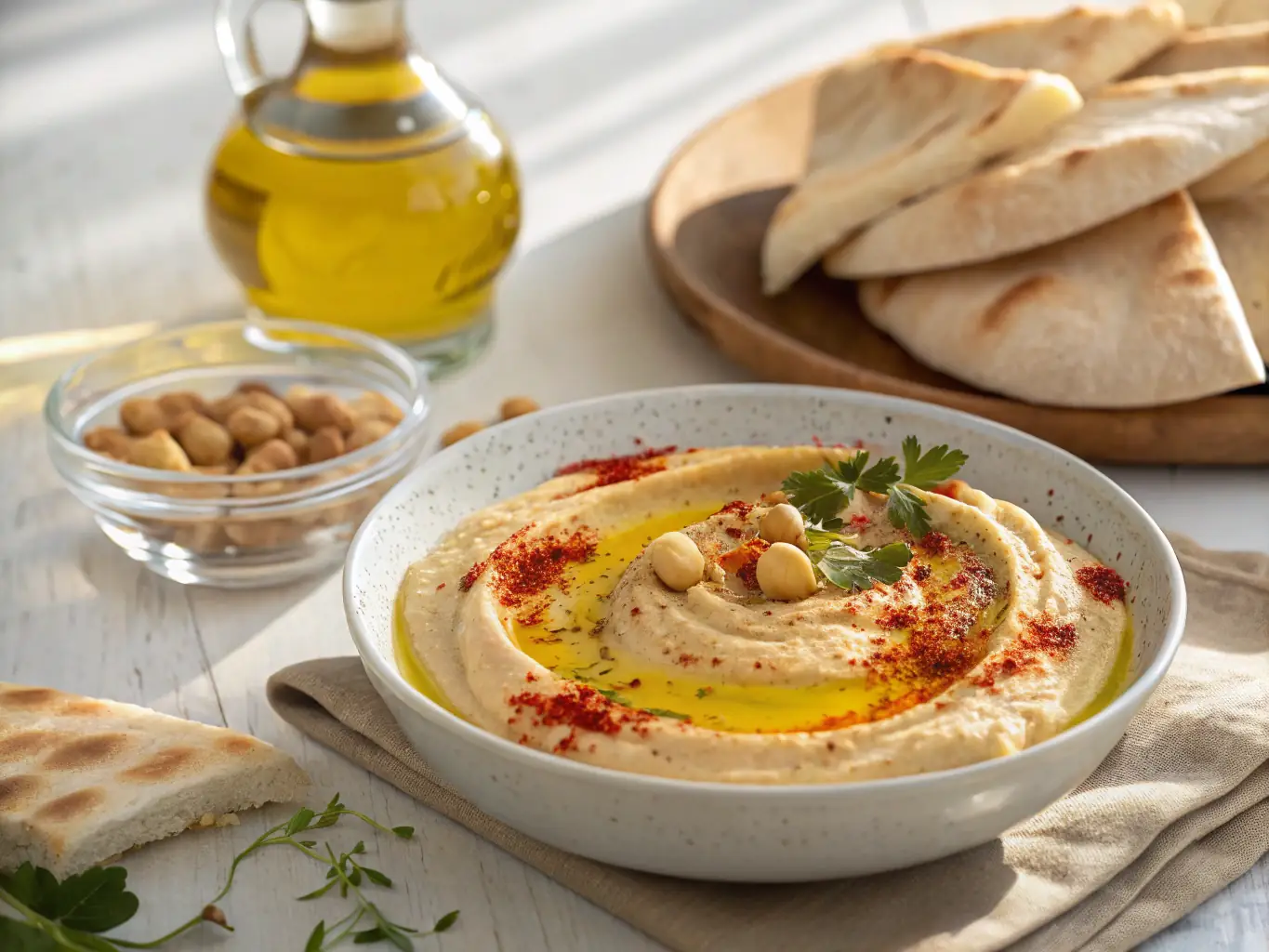 A close-up shot of a freshly baked Lavash bread, highlighting its texture and golden-brown color, with a selection of Middle Eastern dips and spreads arranged around it.