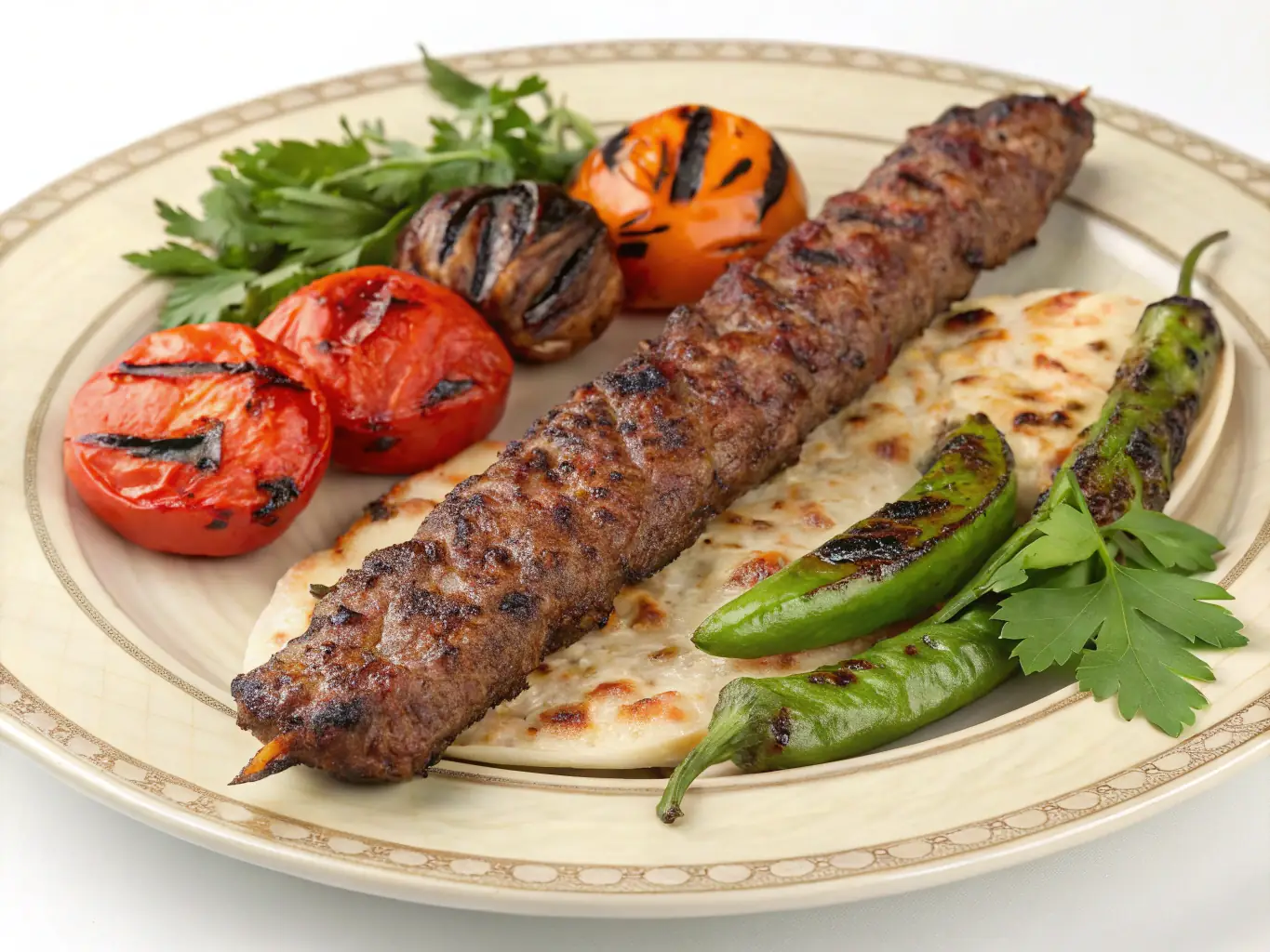 A beautifully plated Adana kebab, showcasing its vibrant colors and textures, served with fresh greens and traditional accompaniments, highlighting the restaurant's dedication to authentic Turkish cuisine.