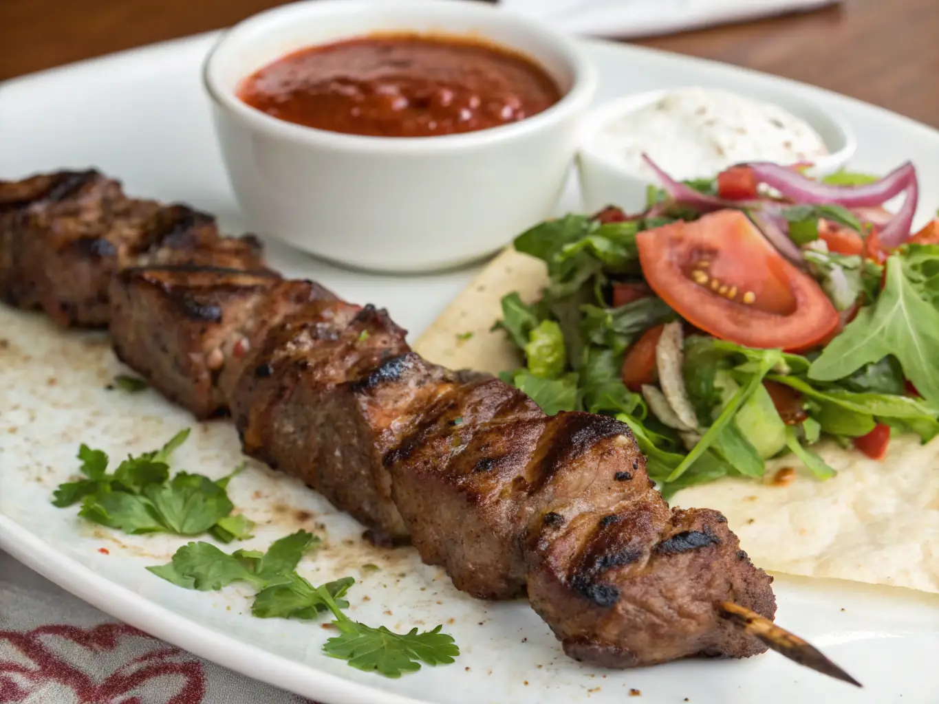A beautifully plated serving of Lavash's signature kebab dish, showcasing grilled meat, fresh vegetables, and aromatic spices, presented in a warm, inviting setting.