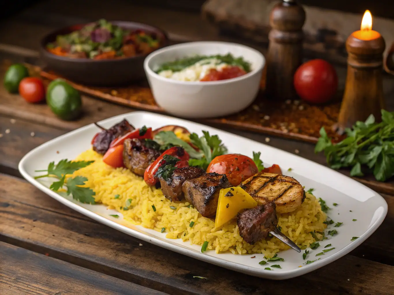 A beautifully plated kebab dish with grilled meat, roasted vegetables, and a side of saffron rice, garnished with fresh herbs.