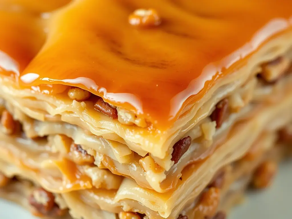 A close-up shot of Lavash's baklava dessert, showcasing its flaky layers, rich honey syrup, and chopped nuts, presented on an elegant dessert plate.