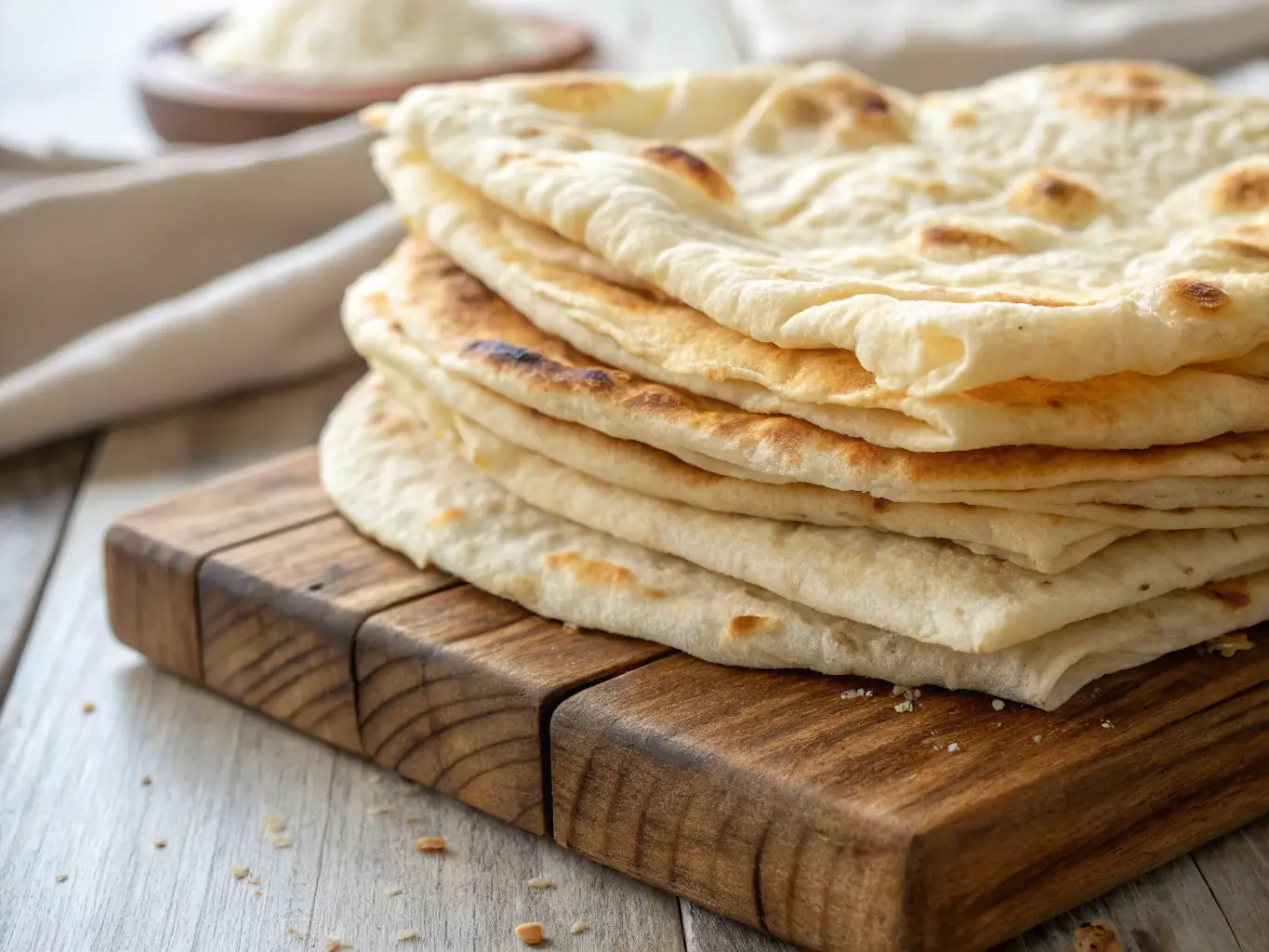 A close-up shot of a freshly baked Lavash bread, still warm, with sesame seeds sprinkled on top, served with a side of hummus and olive oil.