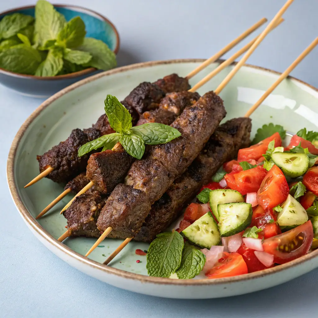 A beautifully plated serving of Lavash Kebab, featuring grilled marinated lamb skewers served with saffron rice and grilled vegetables.