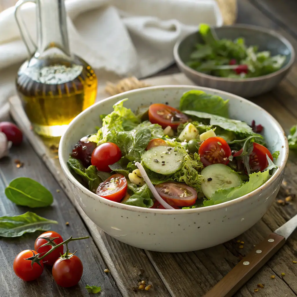 A vibrant image of Lavash Salad, showcasing a mix of fresh greens, tomatoes, cucumbers, bell peppers, and crumbled feta cheese, drizzled with a tangy vinaigrette.