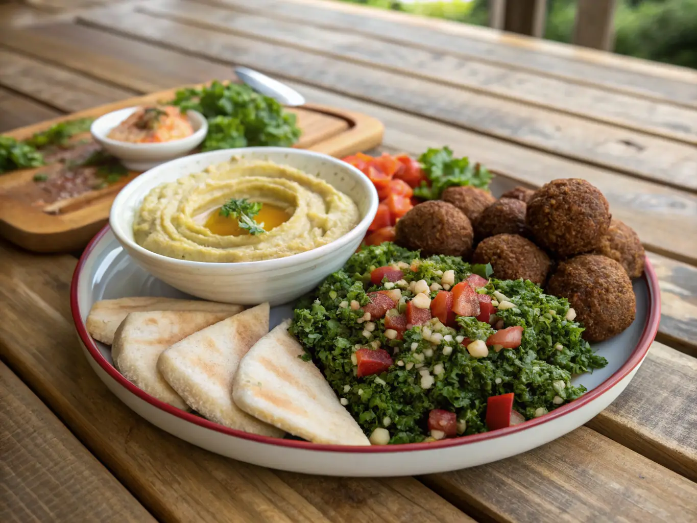 A colorful and appetizing image of a variety of Middle Eastern mezze, including hummus, baba ghanoush, falafel, and stuffed grape leaves.